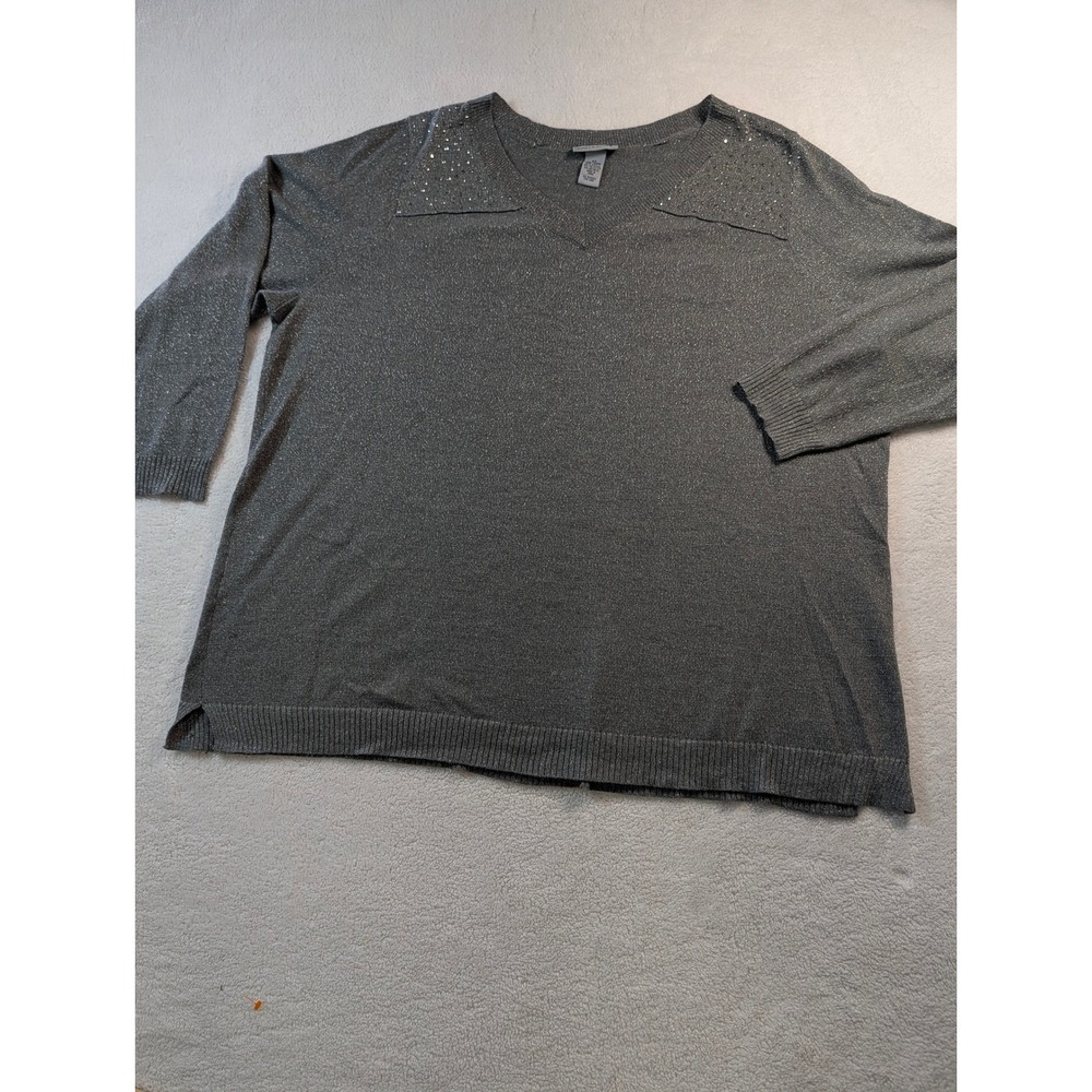 Catherines Gray Metallic Shimmer V-Neck Sweater Rhinestone Plus 3X 26/28W